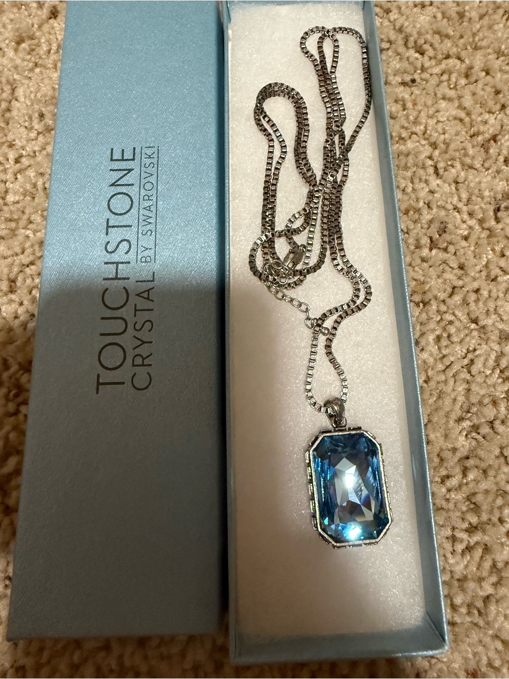 Touchstone Crystal Swarovski Blue Octagon Pendant Necklace